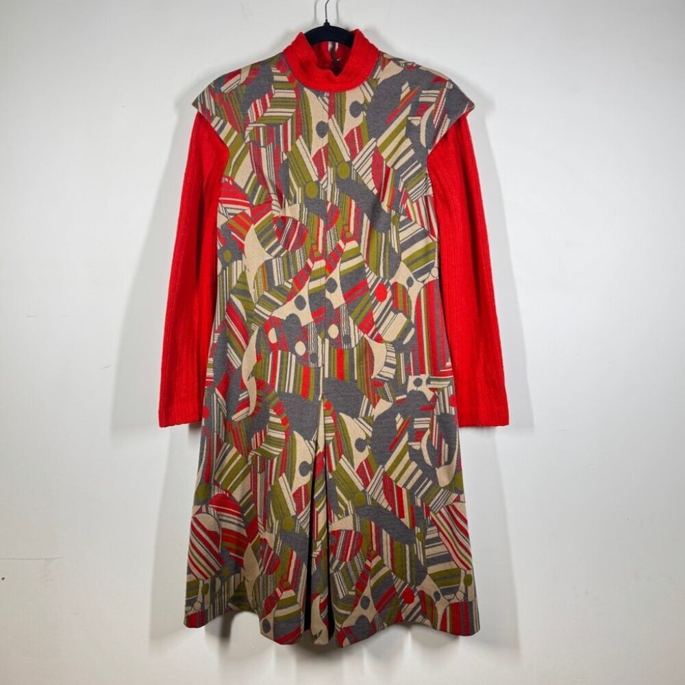 Vintage 60s 70s Red Geometric Print Long Sleeve Zip Back Retro Midi Dress - Picture 3 of 14
